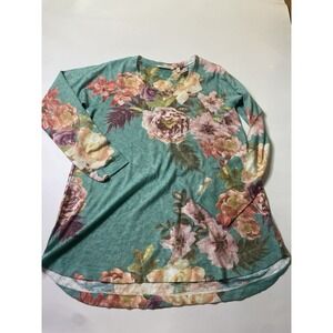 Soft Surroundings Midnight Blooms V-Neck Floral Tunic Sweater Women's Sz M Boho